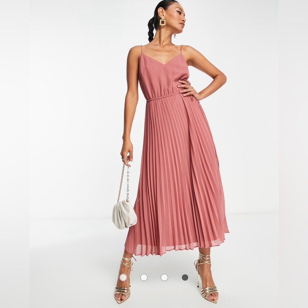 ASOS DESIGN pleated cami midi dress with drawstring waist in dark pink